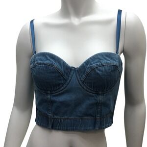 Denim Bustier Crop Top Womens Medium 38C Jean Corset Bralette Adjustable Straps‎